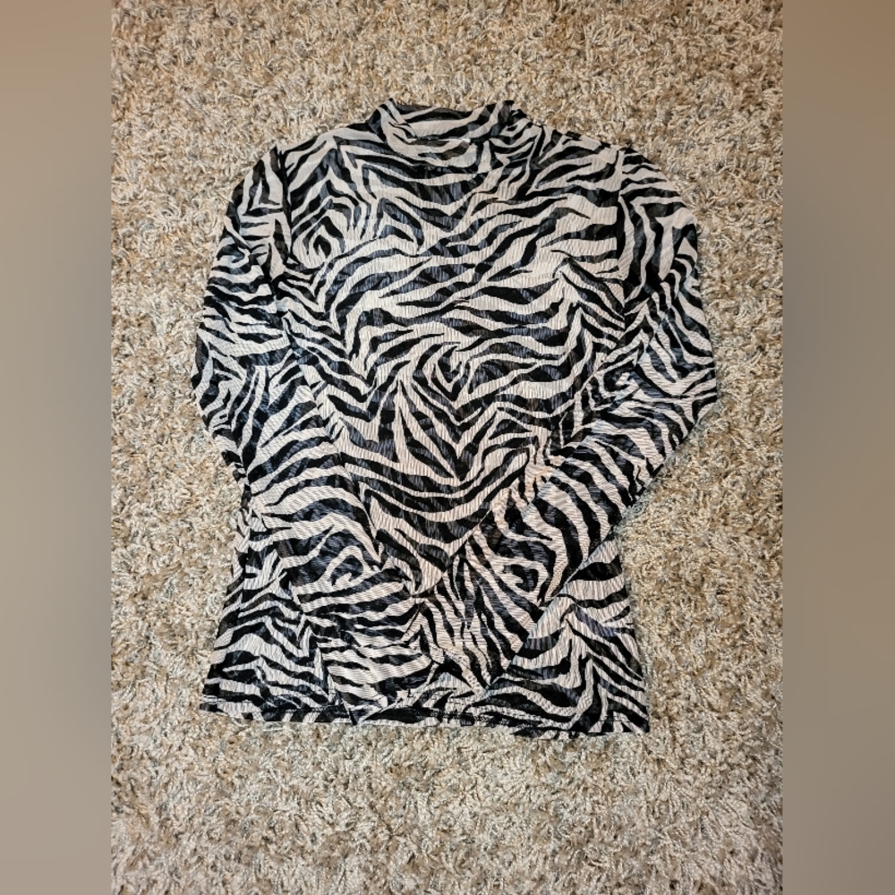 -Free kisses long sleeve sheer mesh shirt-high cut neckline-zebra print-size